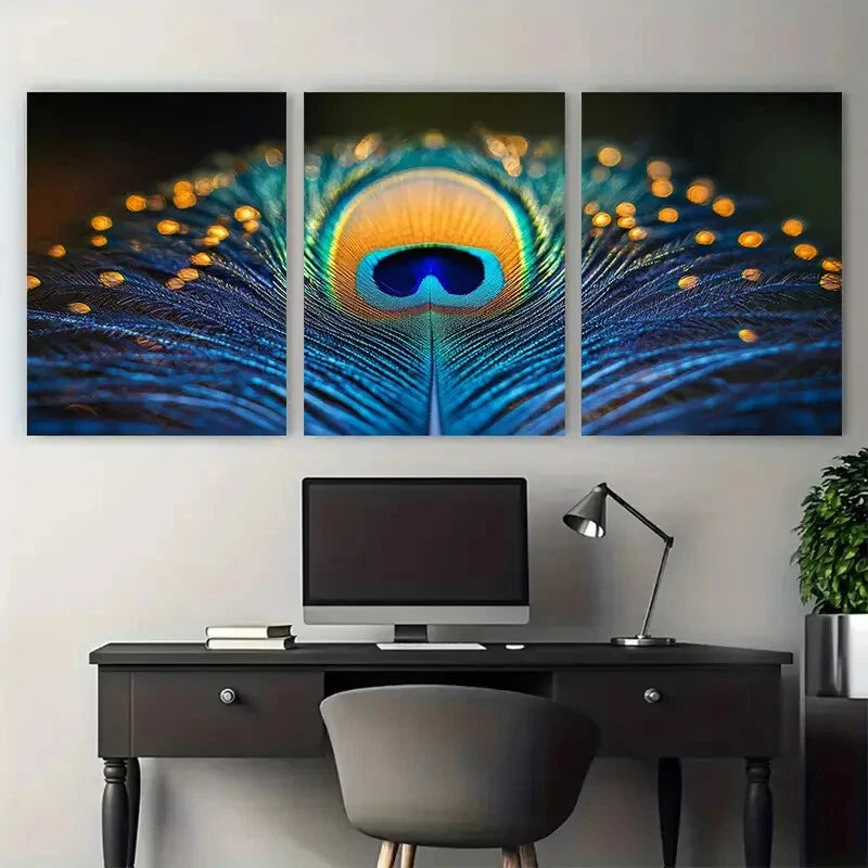 3pcs Vibrant Peacock Feather Macro Exotic Wildlife Metal Print Ready to Hang Art