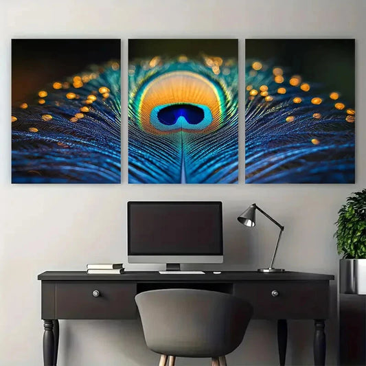 3pcs Vibrant Peacock Feather Macro Exotic Wildlife Metal Print Ready to Hang Art