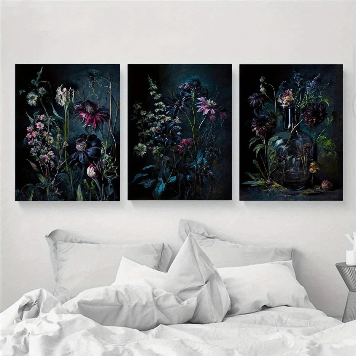 3pcs Moody Botanical Floral Black Metal Print Ready to Hang Art