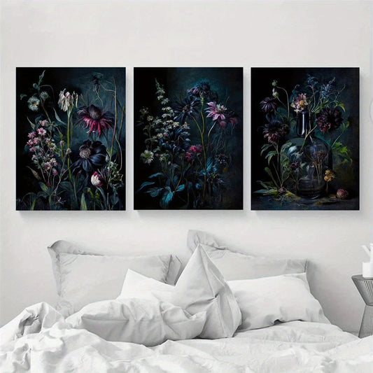 3pcs Moody Botanical Floral Black Metal Print Ready to Hang Art
