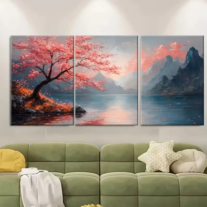 3pcs Sakura Cherry Tree & Tranquil Lake Metal Print Ready to Hang Art