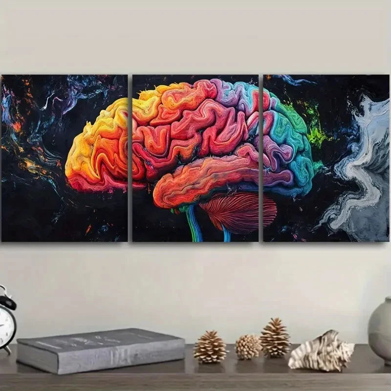 3pcs Vibrant Human Brain Colorful Neuron & Synapse Metal Print Ready to Hang Art