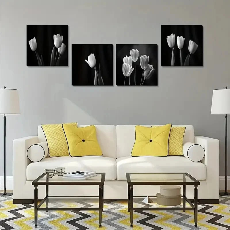 4pcs 4 Piece Black And White Flower Wall Art Canvas Framed
