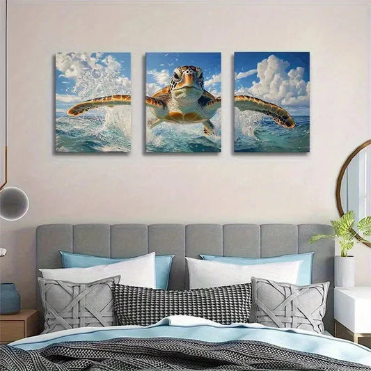 3pcs Marine Life Turtle Jumping Wave Metal Print Ready to Hang Art