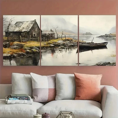 3pcs Old Boat and Lake House in Fjords Metal Print Ready to Hang Art