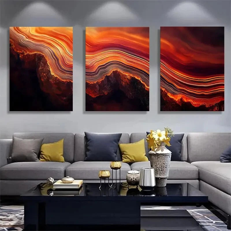 3pcs Abstract Vibrant Red Lava Rock Texture Metal Print Ready to Hang Art