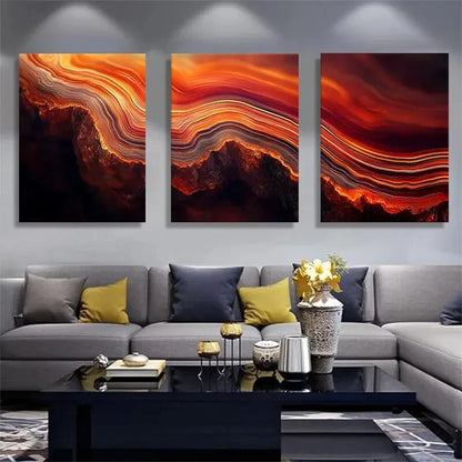 3pcs Abstract Vibrant Red Lava Rock Texture Metal Print Ready to Hang Art