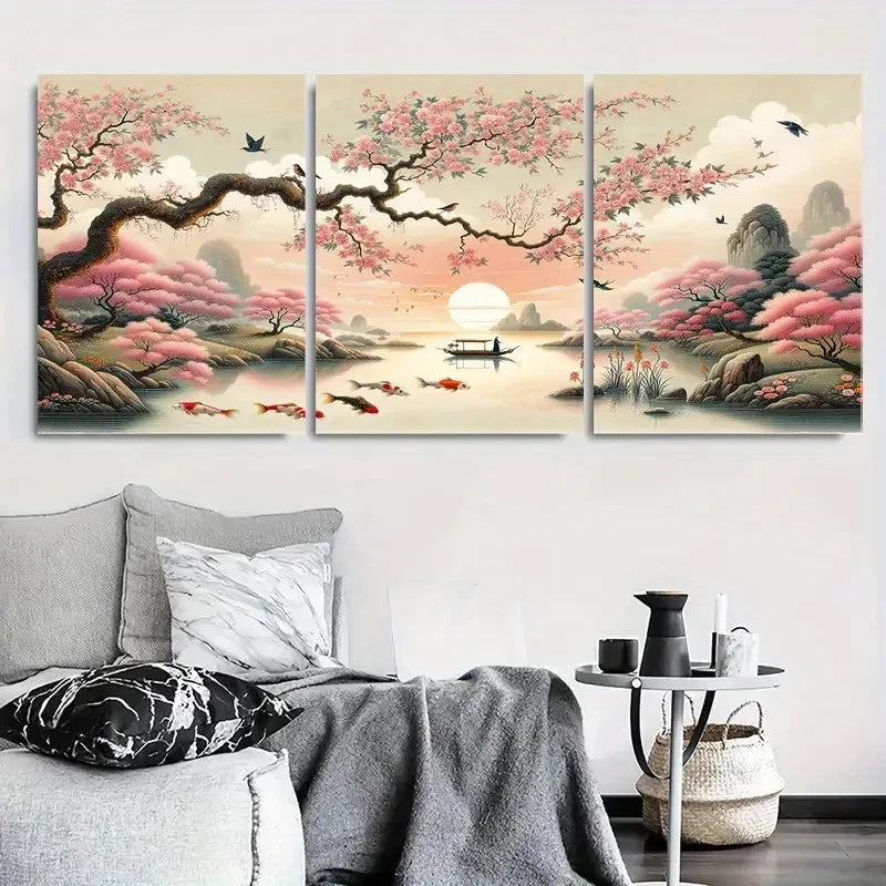 3pcs Cherry Blossom River Zen Koi Fish Metal Print Ready to Hang Art