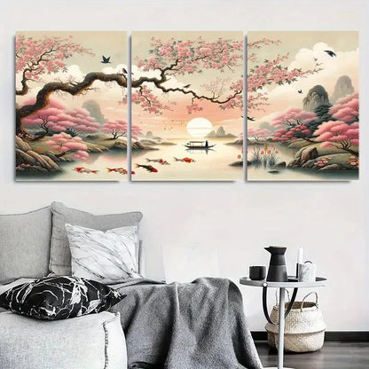 3pcs Cherry Blossom River Zen Koi Fish Metal Print Ready to Hang Art