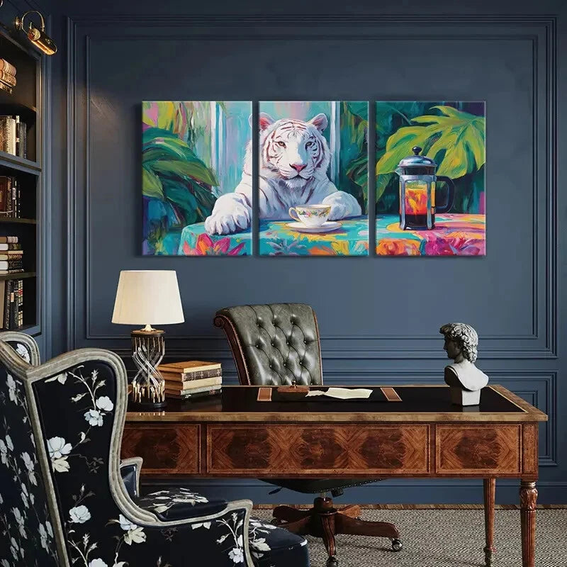 3pcs White Tiger with Teacup & French Press Metal Print Ready to Hang Art