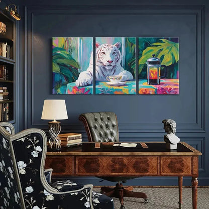 3pcs White Tiger with Teacup & French Press Metal Print Ready to Hang Art