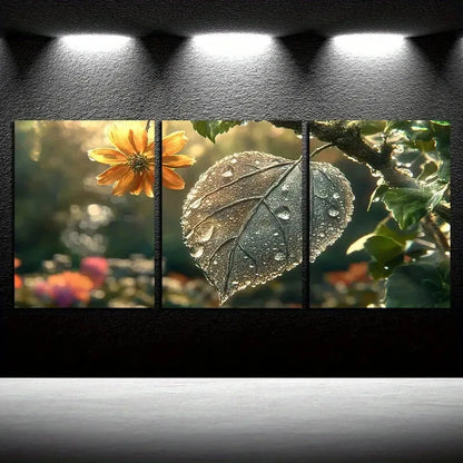 3pcs Vibrant Leaves and flowers with Sunlit Metal Print Ready to Hang Art
