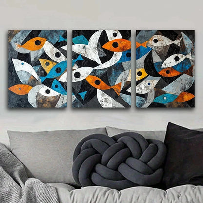 3pcs Abstract Fish Pattern Blue White & Orange Metal Print Ready to Hang Art