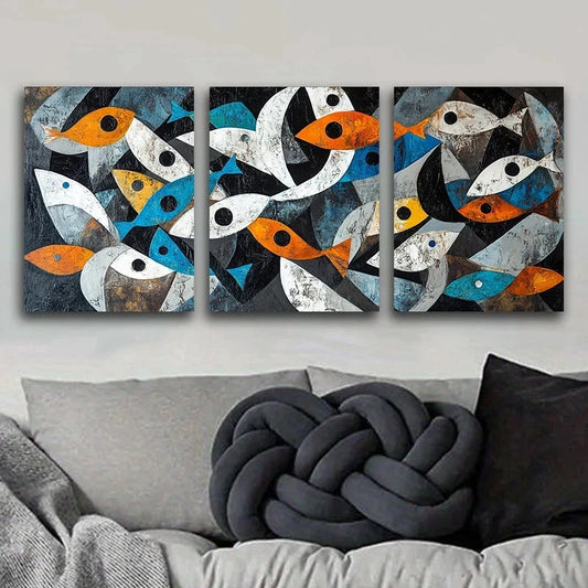 3pcs Abstract Fish Pattern Blue White & Orange Metal Print Ready to Hang Art
