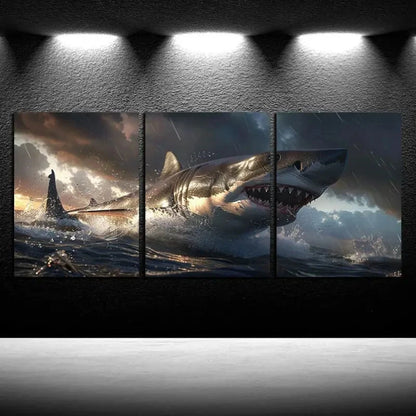 3pcs Shark Swims Against A Vortex Metal Print Ready to Hang Art