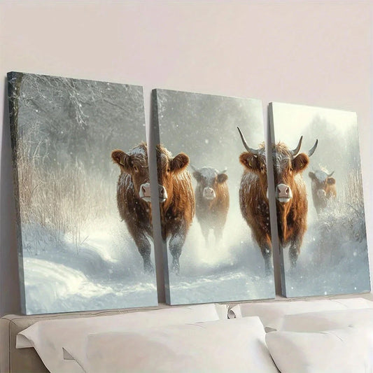 3pcs Scottish Highland Cattle Winter Scene Wall Art Set Canvas Framed 40x60cm - High Quality Print 100% Australian Made Wall Canvas Ready to Hang