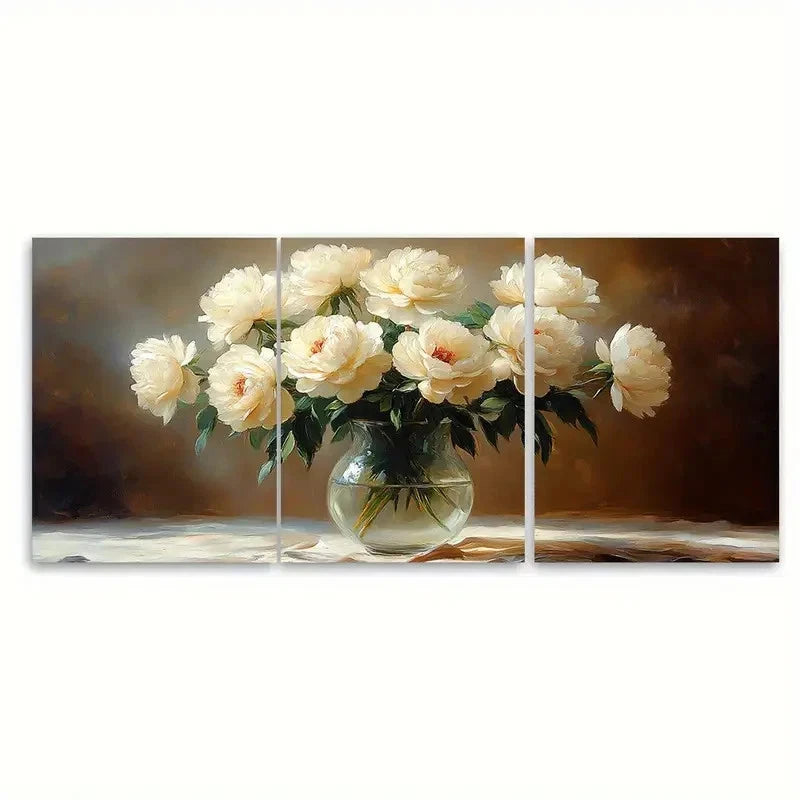 3pcs White Roses Peonies Flowers in a Glass Vase Wall Art Set Canvas Framed 50x70cm - High Quality Print 100% Australian Made Wall Canvas Ready to Hang