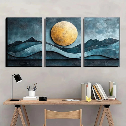 3pcs Abstract Turquoise Geometric Round Metal Print Ready to Hang Art