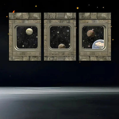 3pcs Dark Sci-fi Style Black Metal Starship Deck Metal Print Ready to Hang Art