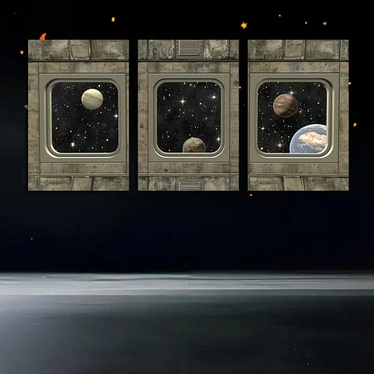 3pcs Dark Sci-fi Style Black Metal Starship Deck Metal Print Ready to Hang Art