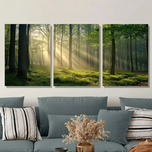 3pcs Vibrant Green Woodland Scene with Sunbeams Metal Print Ready to Hang Art