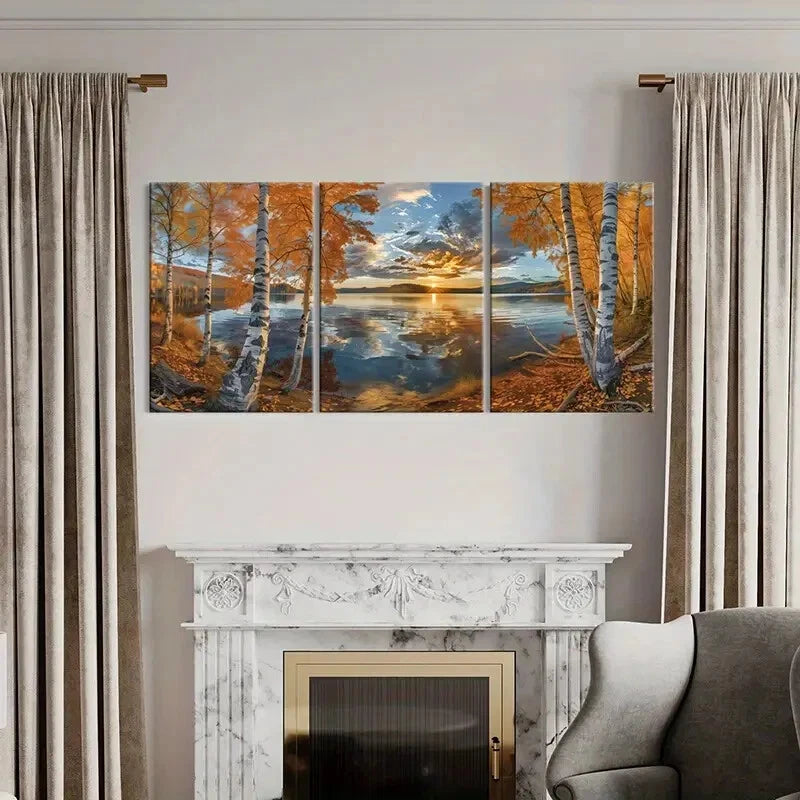 3pcs Sunset Birch Trees Lake Reflection Metal Print Ready to Hang Art