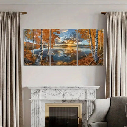 3pcs Sunset Birch Trees Lake Reflection Metal Print Ready to Hang Art