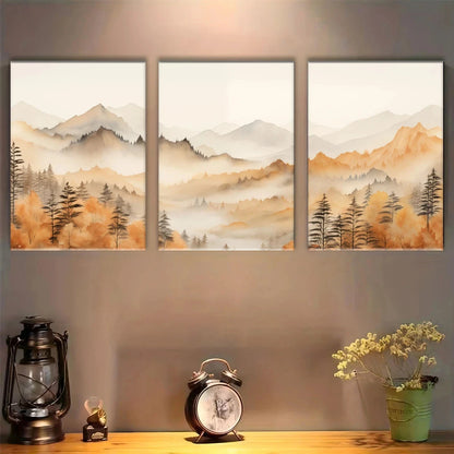 3pcs Misty Mountain and Autumn Trees Metal Print Ready to Hang Art