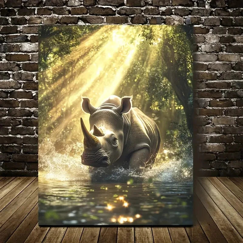 Sunlit Jungle Scene Rhino Splashing In Water Painting 40x60cm Metal Print Ready to Hang
