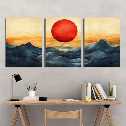 3pcs Abstract Sun and Waves Bauhaus Style Metal Print Ready to Hang Art