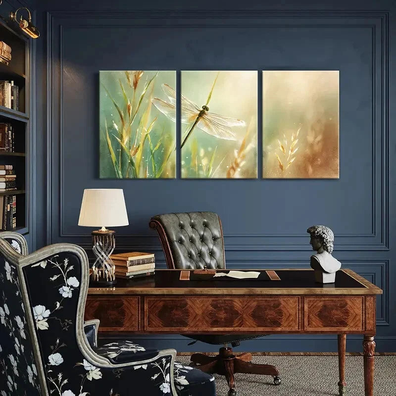 3pcs Dragonfly Delicate Wings Soft Grasses Metal Print Ready to Hang Art