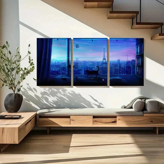 3pcs City Night Scene Tower & Cat Near Window Wall Art Set Canvas Framed 40x60cm - High Quality Print 100% Australian Made Wall Canvas Ready to Hang