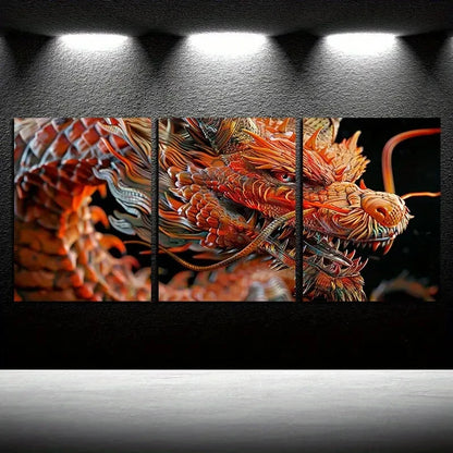 3pcs Flame Dragon Modern Design Metal Print Ready to Hang Art