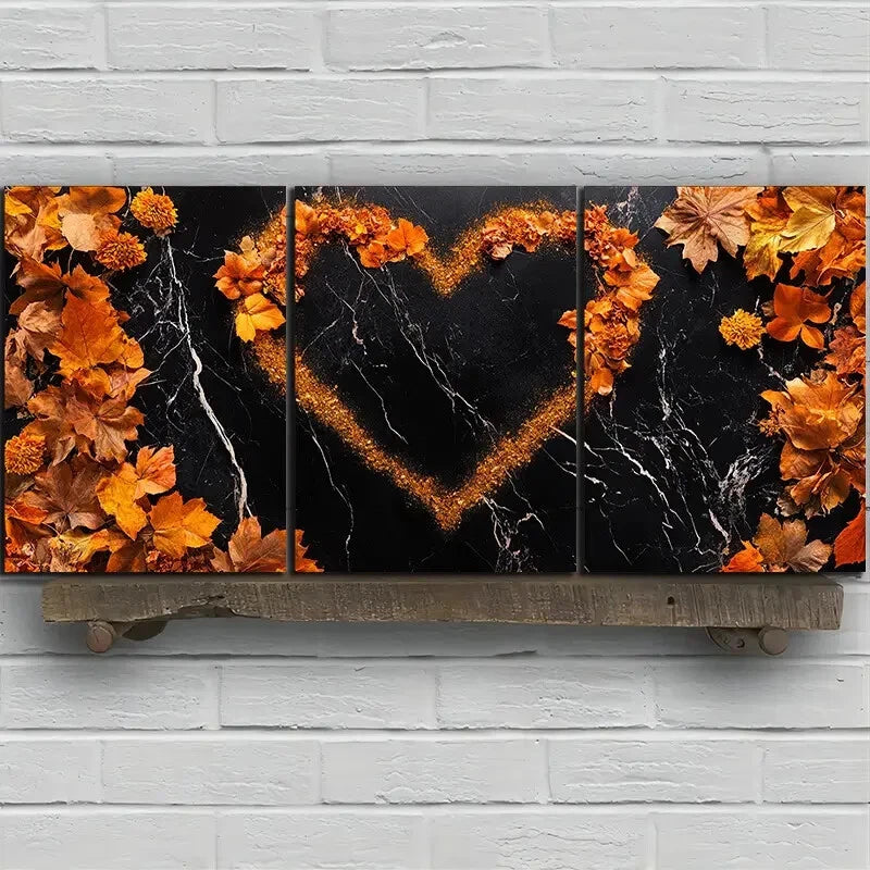 3pcs Love Made of Leaves Black & Golden Metal Print Ready to Hang Art