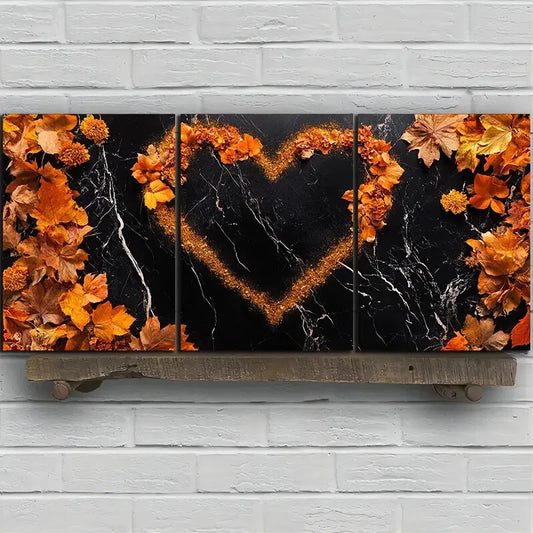 3pcs Love Made of Leaves Black & Golden Metal Print Ready to Hang Art