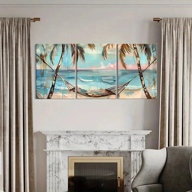 3pcs Palm Trees Hammock Ocean View Sunset Metal Print Ready to Hang Art