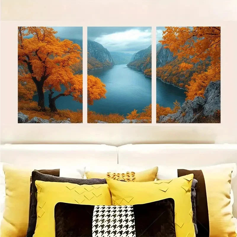 3pcs Danube River Autumn Foliage & Golden Trees Wall Art Set Canvas Framed 60x90cm - High Quality Print 100% Australian Made Wall Canvas Ready to Hang