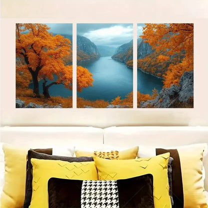 3pcs Danube River Autumn Foliage & Golden Trees Wall Art Set Canvas Framed 60x90cm - High Quality Print 100% Australian Made Wall Canvas Ready to Hang