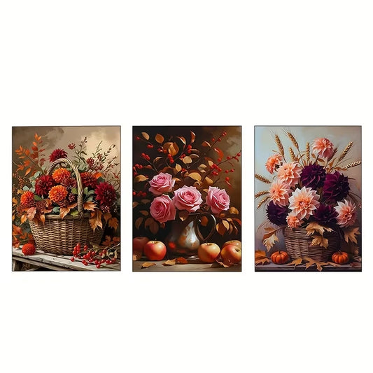 3pcs Autumn Harvest Flowers in Woven Baskets  Wall Art Set Canvas Framed 60x90cm - High Quality Print 100% Australian Made Wall Canvas Ready to Hang