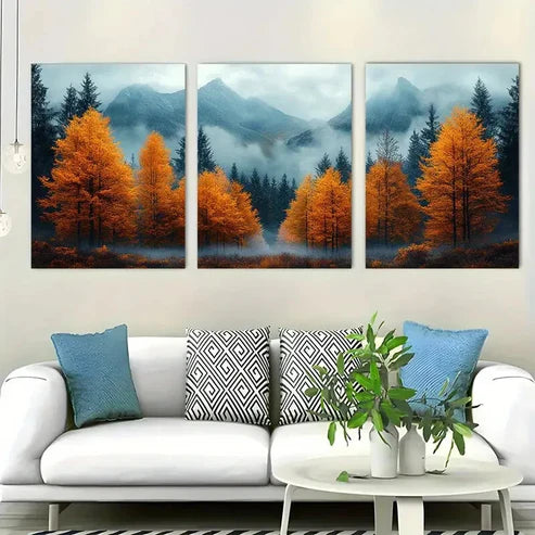 3pcs Autumn Mountain Landscape Misty Perfect Wall Art Set Canvas Unframed - High Quality Print 100% Australian Made Wall Canvas