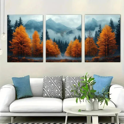 3pcs Autumn Mountain Landscape Misty Perfect Wall Art Set Canvas Unframed - High Quality Print 100% Australian Made Wall Canvas