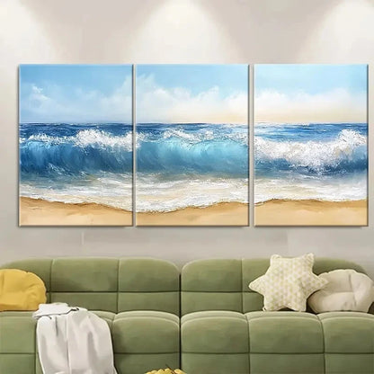 3pcs Beach Waves Seascape Painting RL Wall Art Set Canvas Framed 50x70cm - High Quality Print 100% Australian Made Wall Canvas Ready to Hang