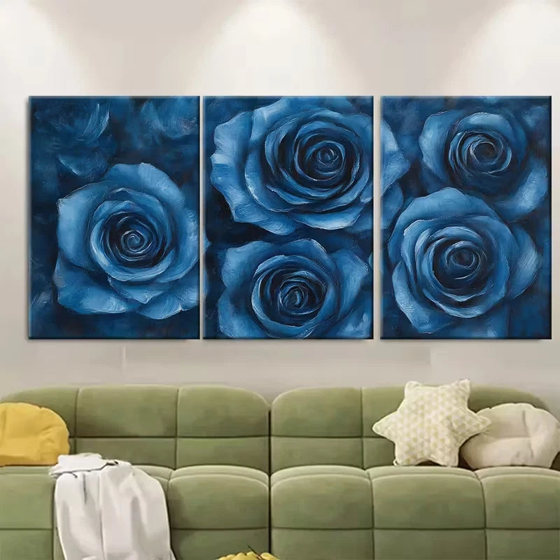 3pcs Deep Blue Roses Metal Print Ready to Hang Art