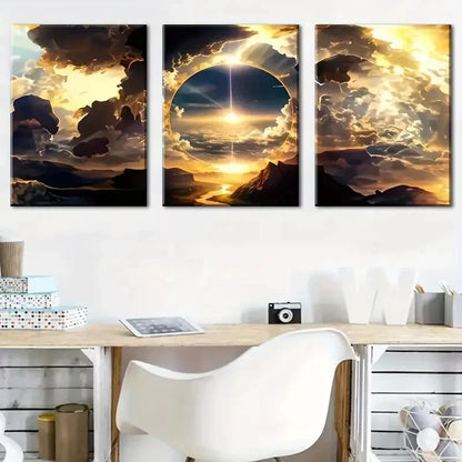 3pcs Vibrant Clouds & Mountain Landscape Metal Print Ready to Hang Art