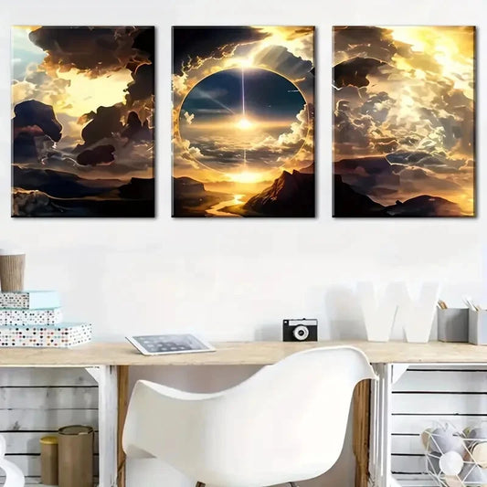 3pcs Vibrant Clouds & Mountain Landscape Metal Print Ready to Hang Art