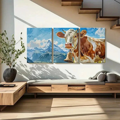 3pcs Brown & White Cow with Bell Mountain LandscapeMetal Print Ready to Hang Art