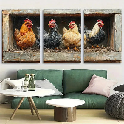 3pcs Chicken Coop with hens and Chick Metal Print Ready to Hang Art