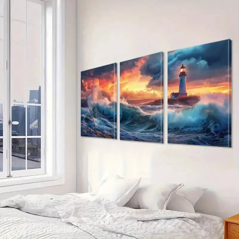 3pcs Aesthetic Landscape Lighthouse & Ocean  Art Set Canvas Framed 50x70cm -  High Quality Print 100% Australian Made Wall Canvas Ready to Hang