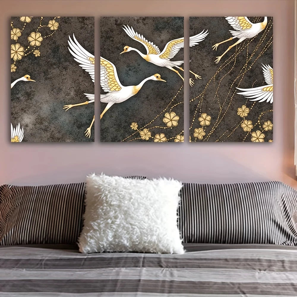 3pcs Crane Flight Golden & White Floral Design Wall Art Set Canvas Framed 50x70cm - High Quality Print 100% Australian Made Wall Canvas Ready to Hang