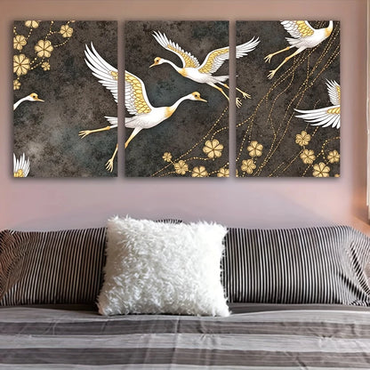 3pcs Crane Flight Golden & White Floral Design Wall Art Set Canvas Framed 50x70cm - High Quality Print 100% Australian Made Wall Canvas Ready to Hang